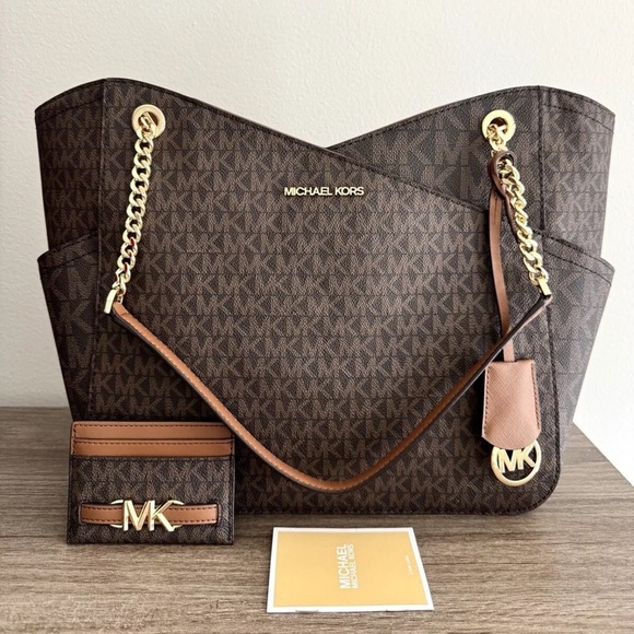 MICHAEL Michael Kors Handbags - New MICHAEL KORS 2pc Jet Set Large Tote Bag With Card Holder Brown MK